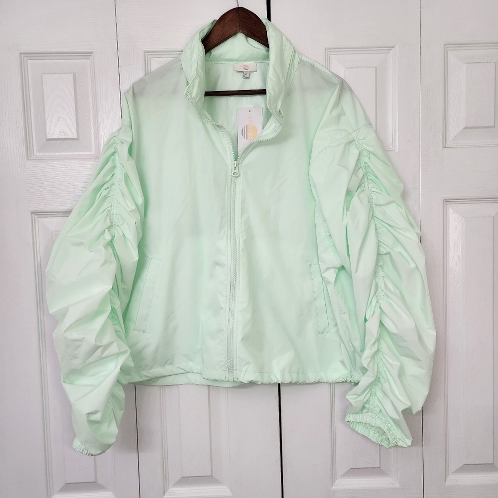 Body & Sol Womens XL Mint Green Rain Coat With Ruched Sleeves And Zip Up Hood